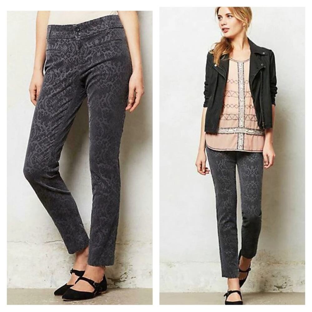 Anthropologie Gray Damask Velvet "Flocked Charlie Trousers" Cartonnier
